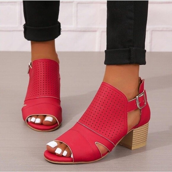 Red Peep Shootie Open Toe Perforated Sandals Cutout Block Heels Size 11 NEW - Picture 1 of 6